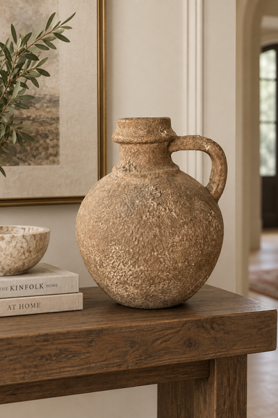 Aged brown decorative jug styled on a wood entryway console.