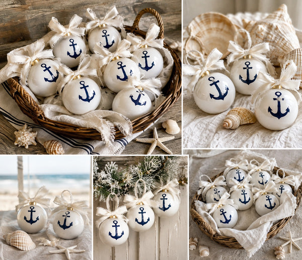 Anchor ceramic ball ornaments styled in coastal holiday scenes