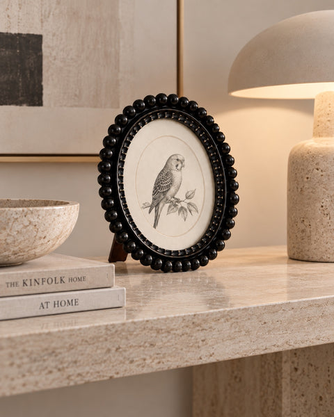 Black Oval Beaded Photo Frame with bird artwork