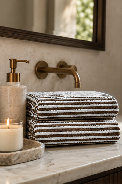 Brown and white striped bath towel folded on a marble bathroom countertop.