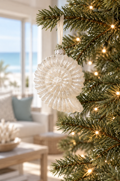 White Shell coastal glass Christmas ornament