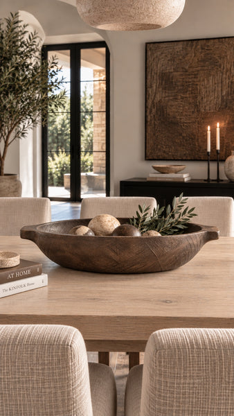 Handcrafted Textured Wood Bowl styled on a dining table