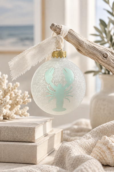 Hand-faded aqua lobster frosted glass ornament styled in a modern coastal interior
