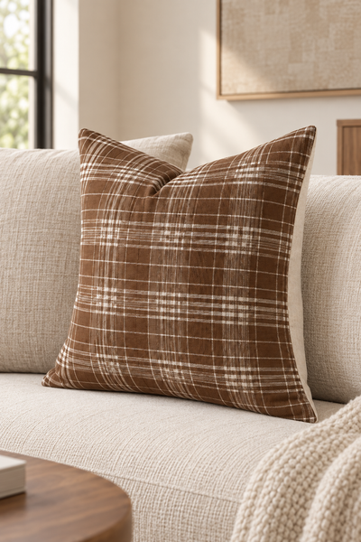 Mayenne Maison tobacco brown plaid decorative pillow 18 x 18