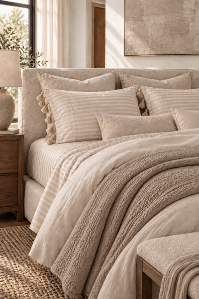 Mayenne Stripe Percale Sheet Set layered with neutral duvet and milk-coffee coverlet