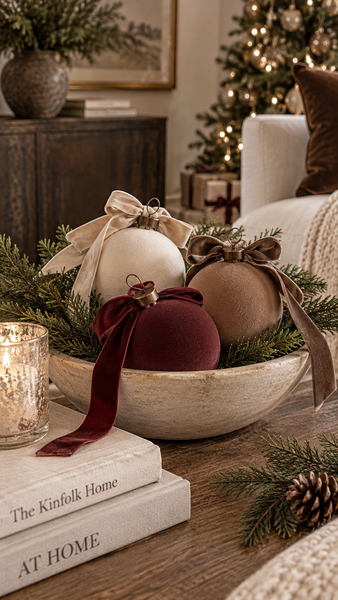 Velvet holiday bells in burgundy, light brown taupe, and off-white with velvet ribbon