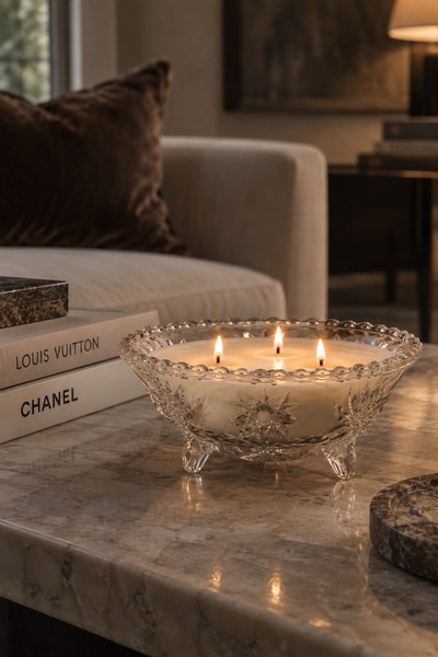 Vintage footed cut glass bowl soy candle styled in a luxury interior