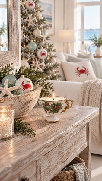 One-of-a-kind vintage holly porcelain cup candle styled for the holidays