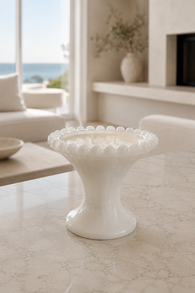 Beaded Milk Glass Pedestal Three-Wick Soy Candle
