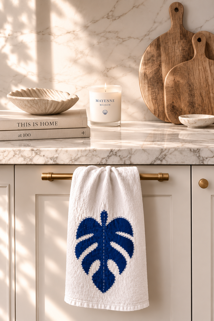 Coastal Monstera Hand Painted Towel