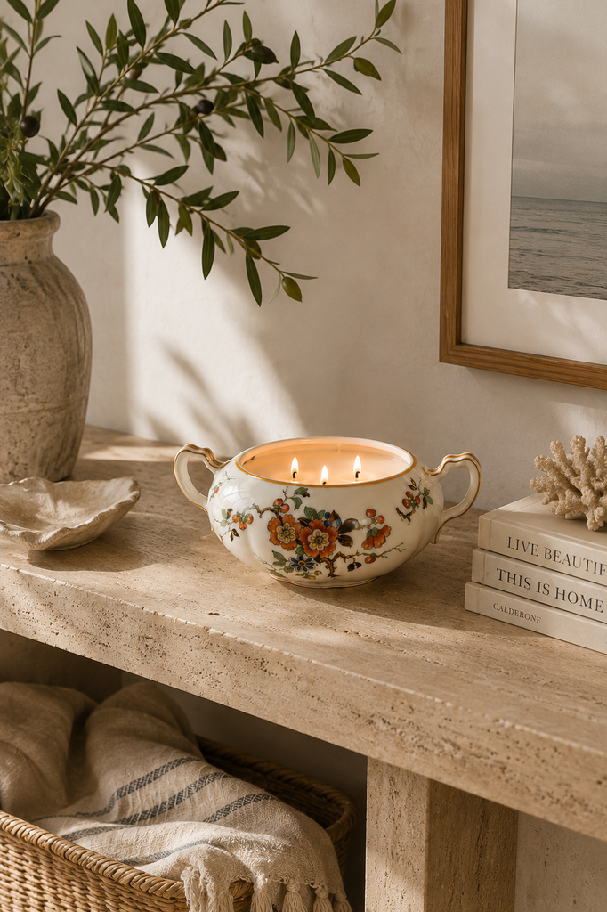 Vintage Floral Porcelain Three Wick Soy Candle