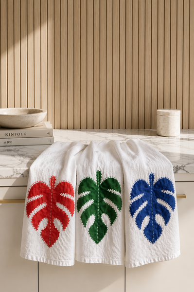 Coastal Monstera Hand Painted Towel