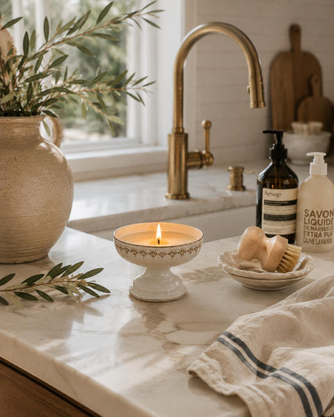 Pearlescent Fine China Pedestal Sandalwood Soy Candle