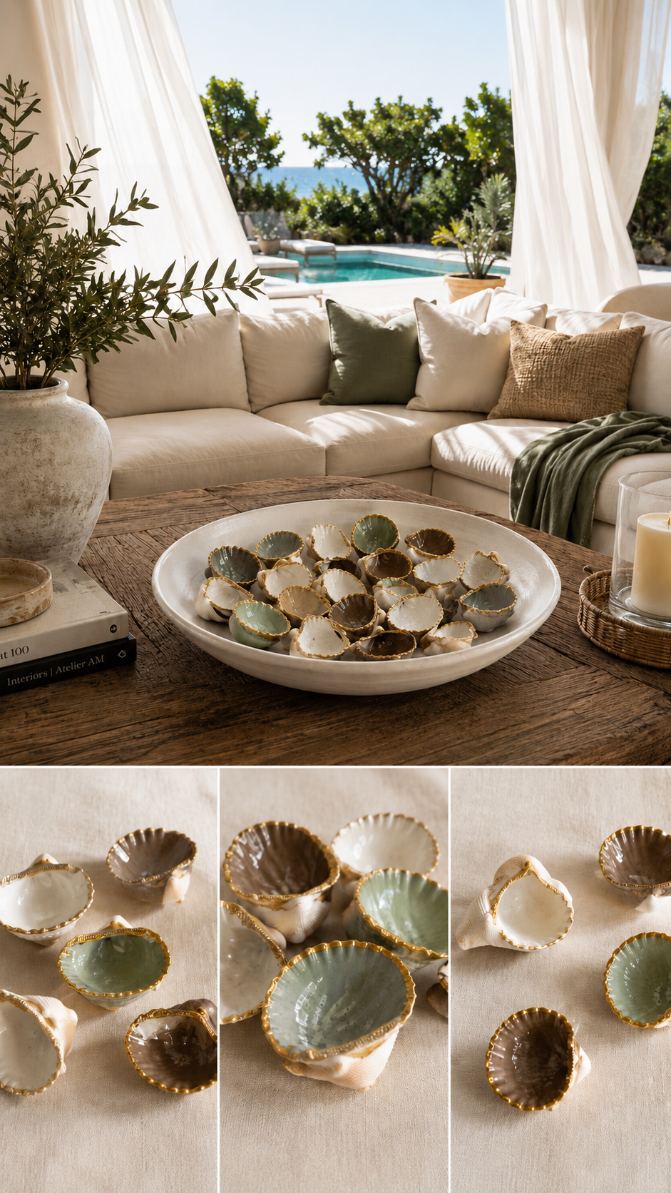 Hand-Painted Gold-Edged Coastal Shell Bowl Fillers