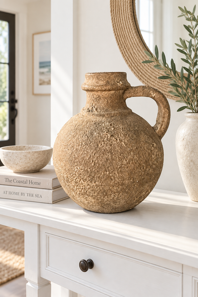 Aged brown decorative jug styled on a white coastal entryway console.