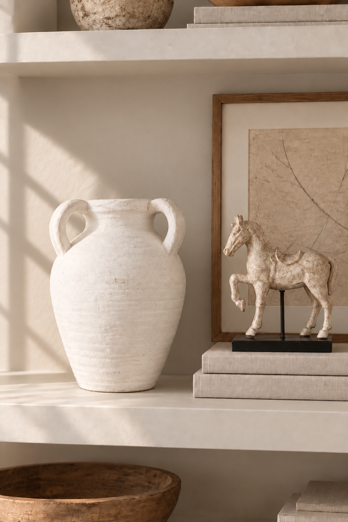 Aged white decorative amphora styled on a modern neutral shelf