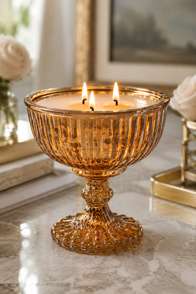 Amber mirrored glass pedestal three wick soy candle