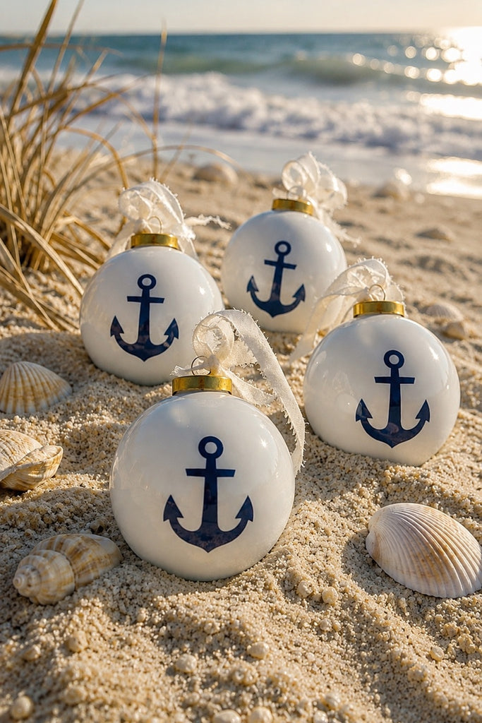 Anchor ceramic ball ornament with navy anchor motif on beach