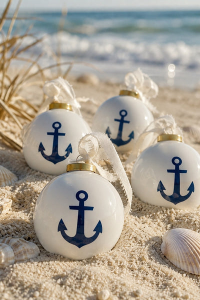 Anchor ceramic ball ornament with navy anchor motif on beach