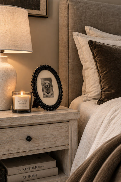 Beaded Oval Frame styled on a bedroom nightstand