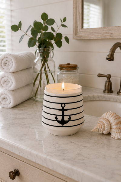 Black stripe anchor ceramic soy candle in a coastal bathroom setting