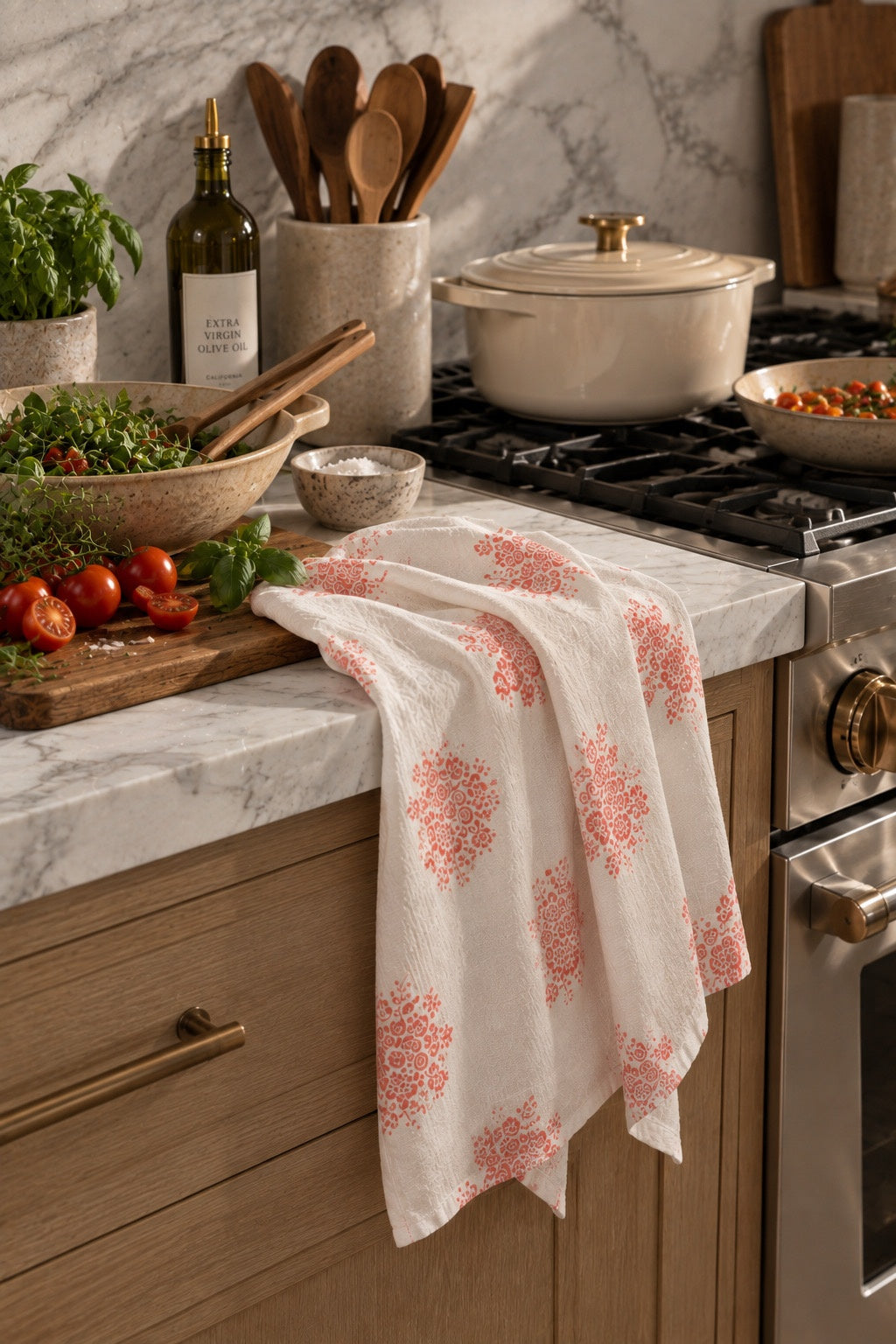 Coastal Coral Floral Towel styled in a warm kitchen