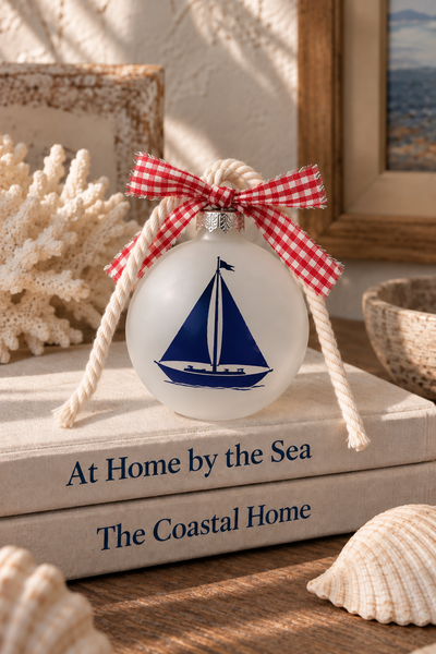 Frosted glass sailboat holiday ornament with gingham ribbon and off-white nautical rope