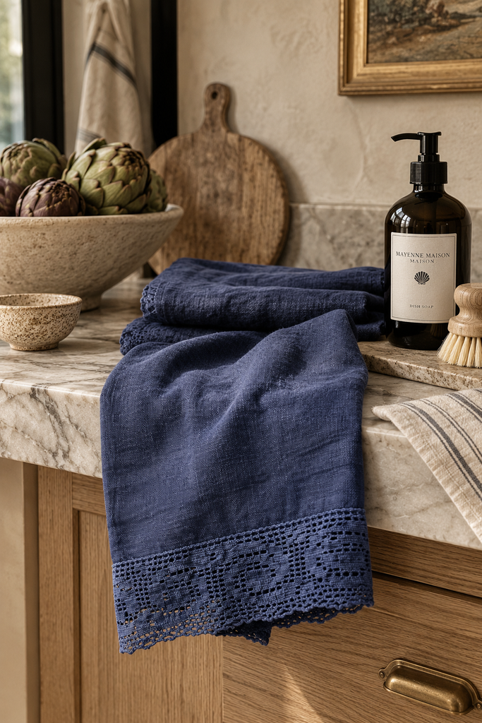Hand-dyed linen kitchen towel in Ocean Navy with crochet edge