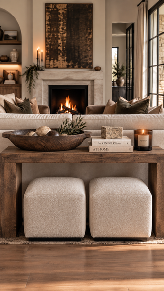 Handcrafted Textured Wood Bowl styled on a modern console