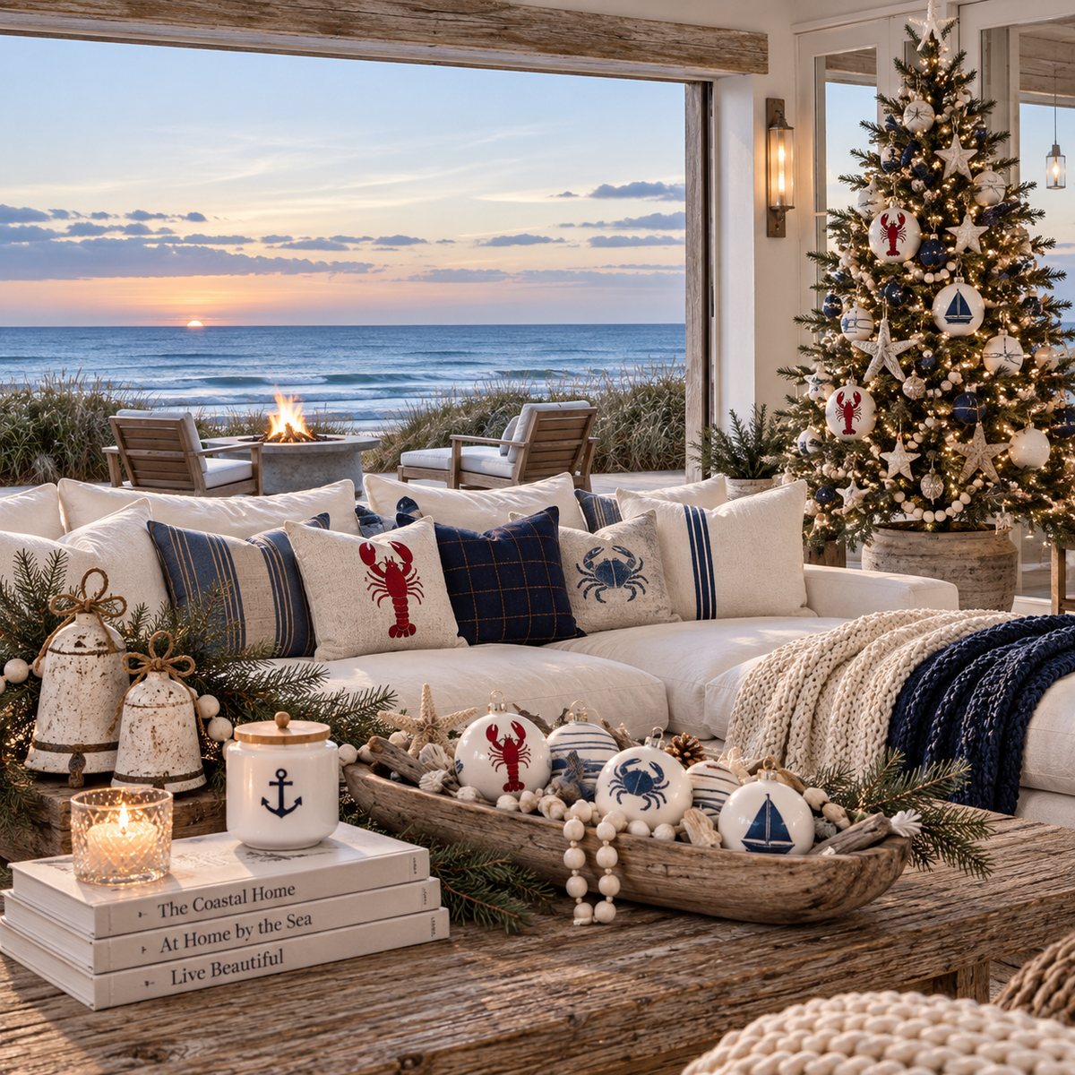 Coastal Christmas living room by the sea with lobster and sailboat ornaments
