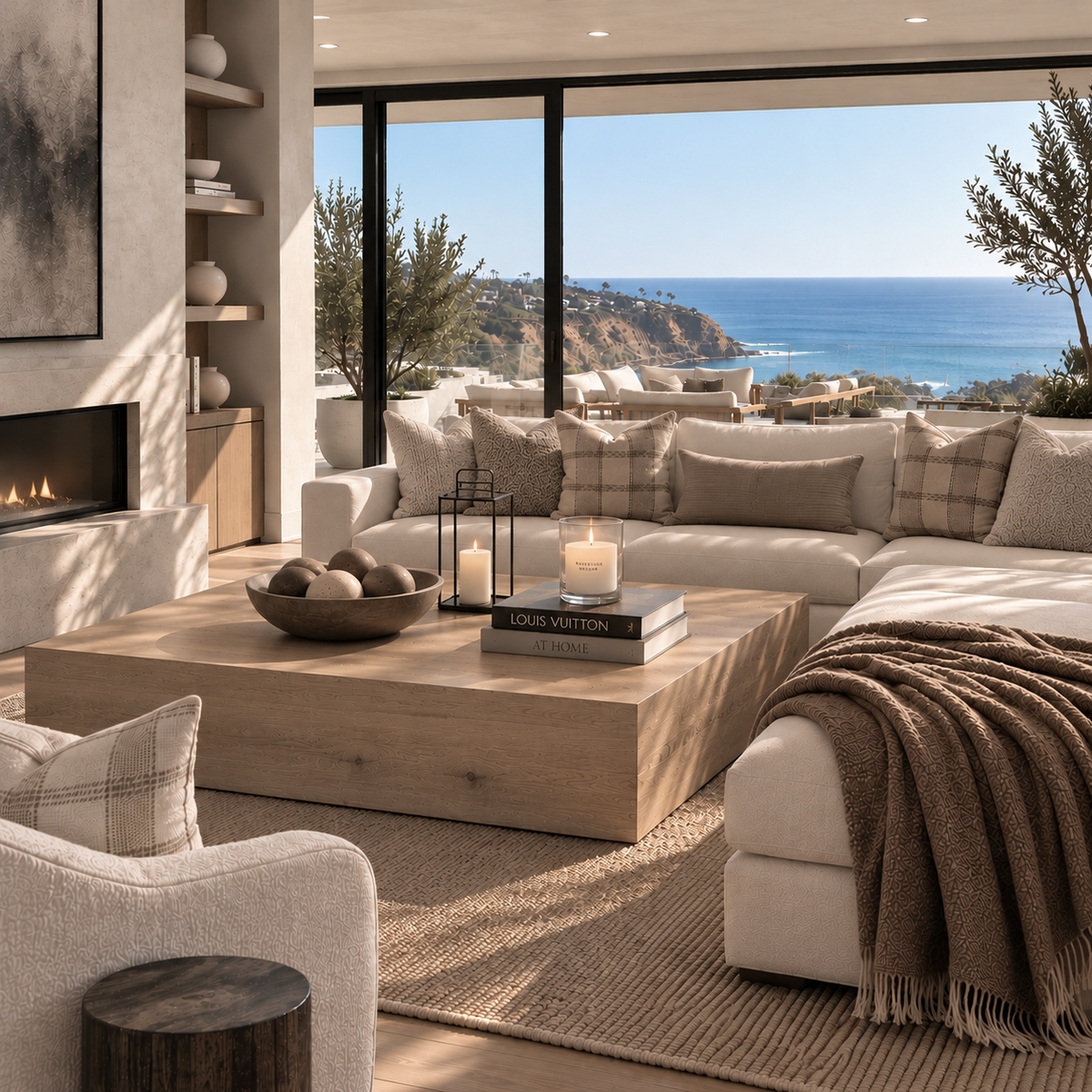 Coastal living room with an ocean view, oak coffee table and candles
