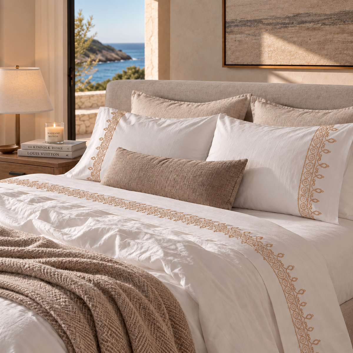 Bed dressed in white linen with a gold embroidered border, overlooking the sea