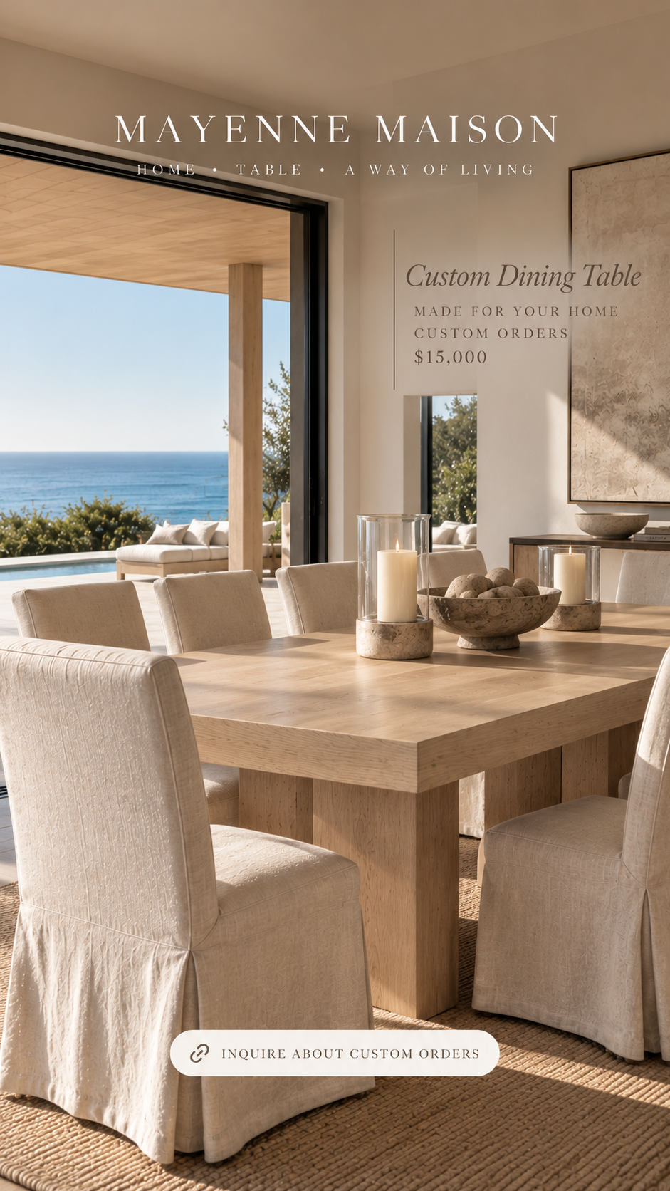 Mayenne Maison custom light oak dining table in Malibu home