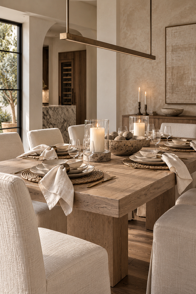 Mayenne Maison custom light oak dining table styled in a modern neutral dining room