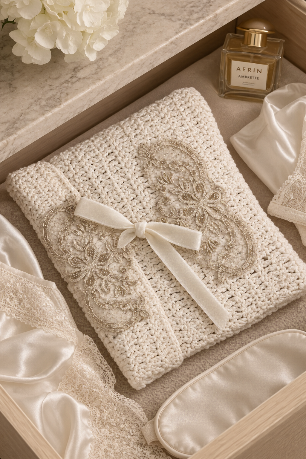 Amélie handcrafted ivory crochet lingerie bag with champagne floral lace appliqués and ivory velvet ribbon in a luxe drawer