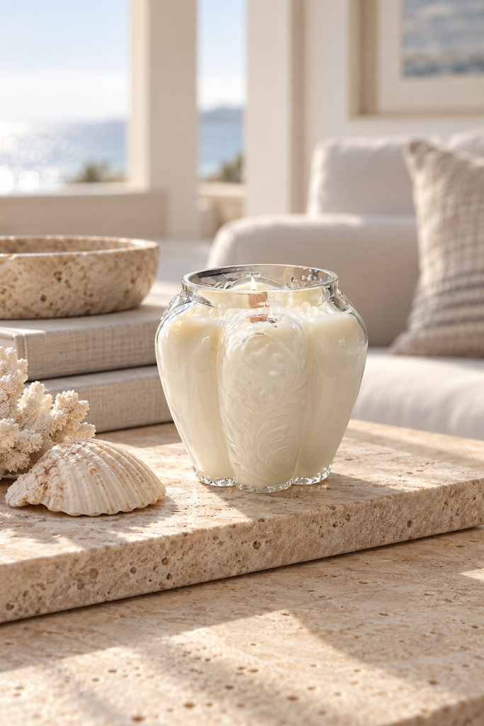 Bergamot soy candle in clear embossed glass vessel