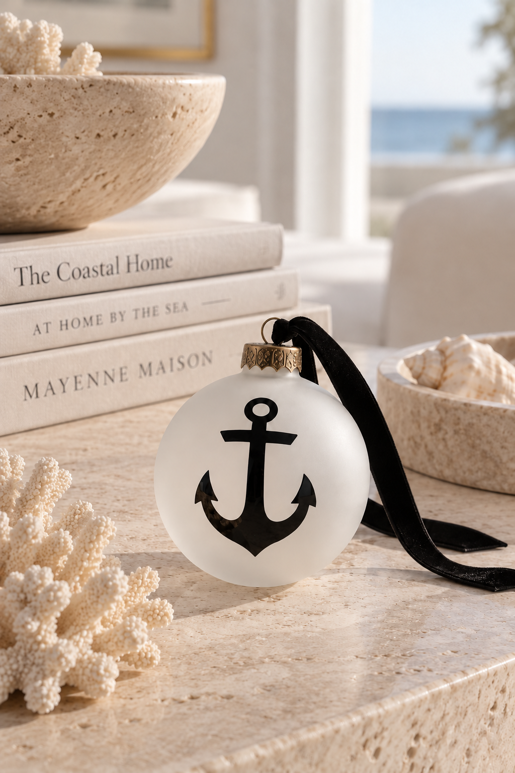 Black anchor frosted glass ornament with antiqued bronze cap and black velvet ribbon