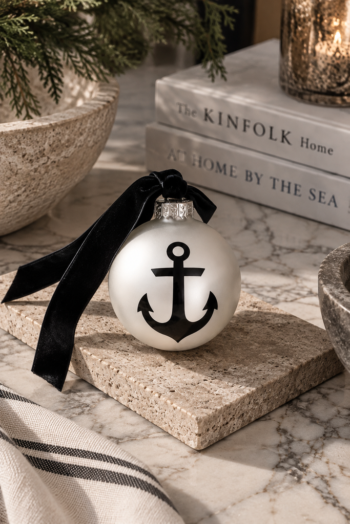 Black Anchor Frosted Glass Holiday Ornament with black velvet ribbon