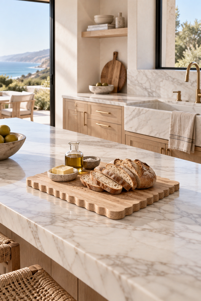 Light oak scalloped serving board styled in a modern Malibu kitchen