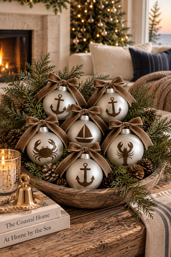 Mayenne Maison nautical glass holiday ornaments with velvet bows