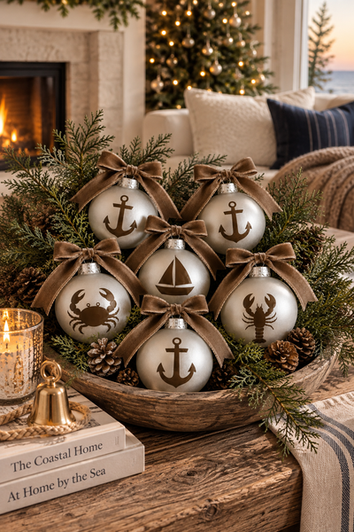 Mayenne Maison nautical glass holiday ornaments with velvet bows
