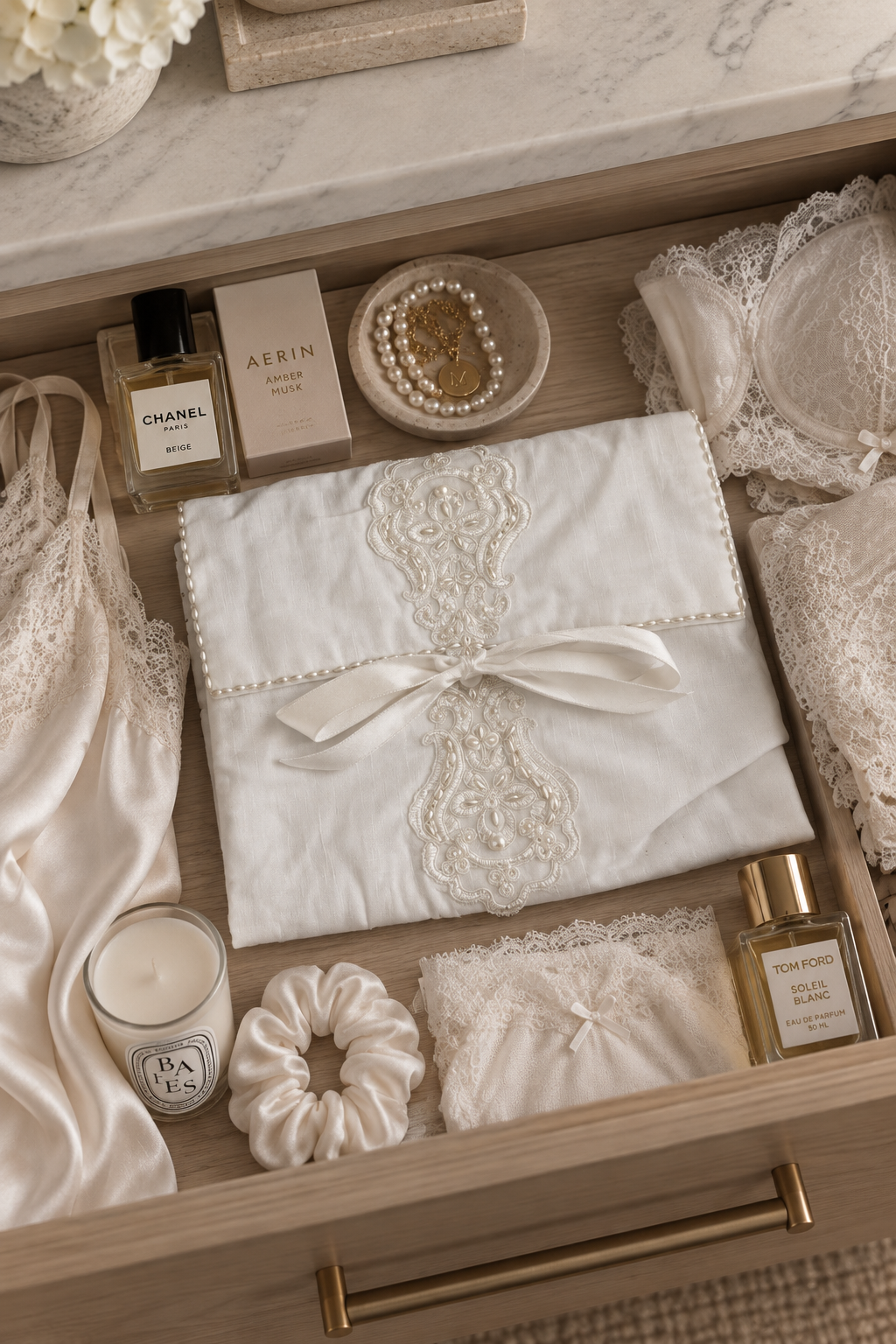 Small white linen toiletry bag with hand-sewn pearls and off-white satin ribbon lying flat in a luxury drawer