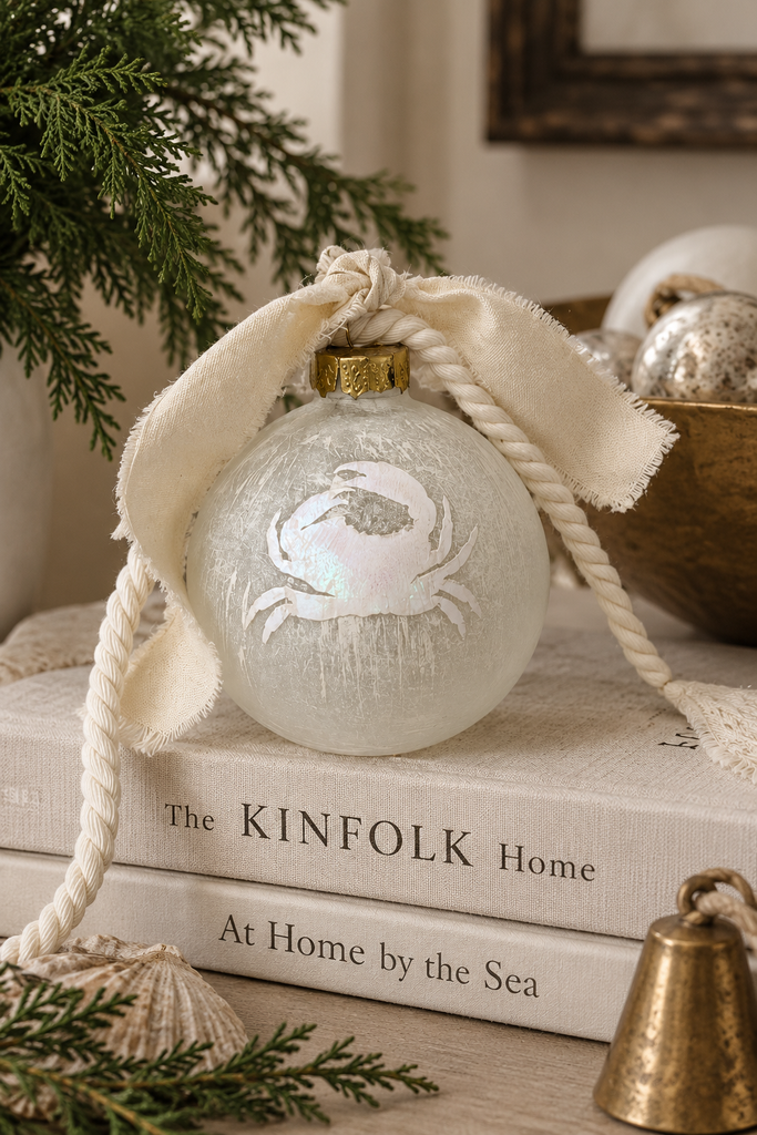 Mayenne Maison handcrafted pearlescent white blush crab glass ornament