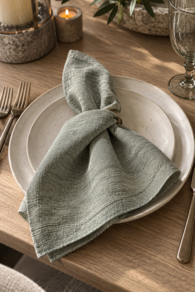 Mayenne Maison sage-gray dinner napkin styled on a plate, sold as a set of four