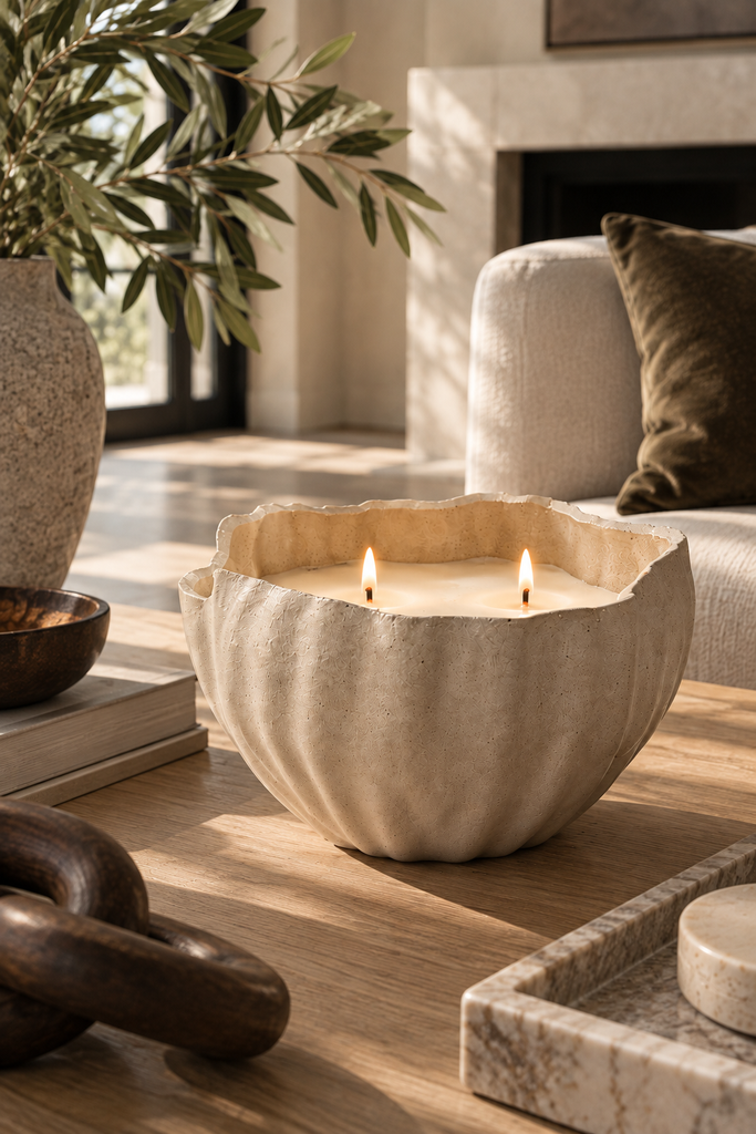 Mayenne Maison Scalloped Vessel Candle styled in a light modern living room