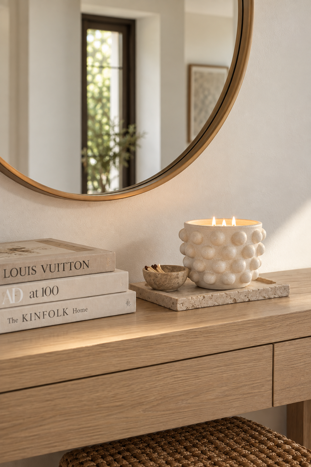 Mayenne Maison sculptural bubble ceramic candle styled lit on a light oak console