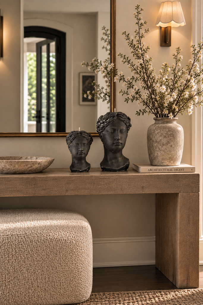 Mayenne Maison sculptural bust candle set of two styled on an entryway console