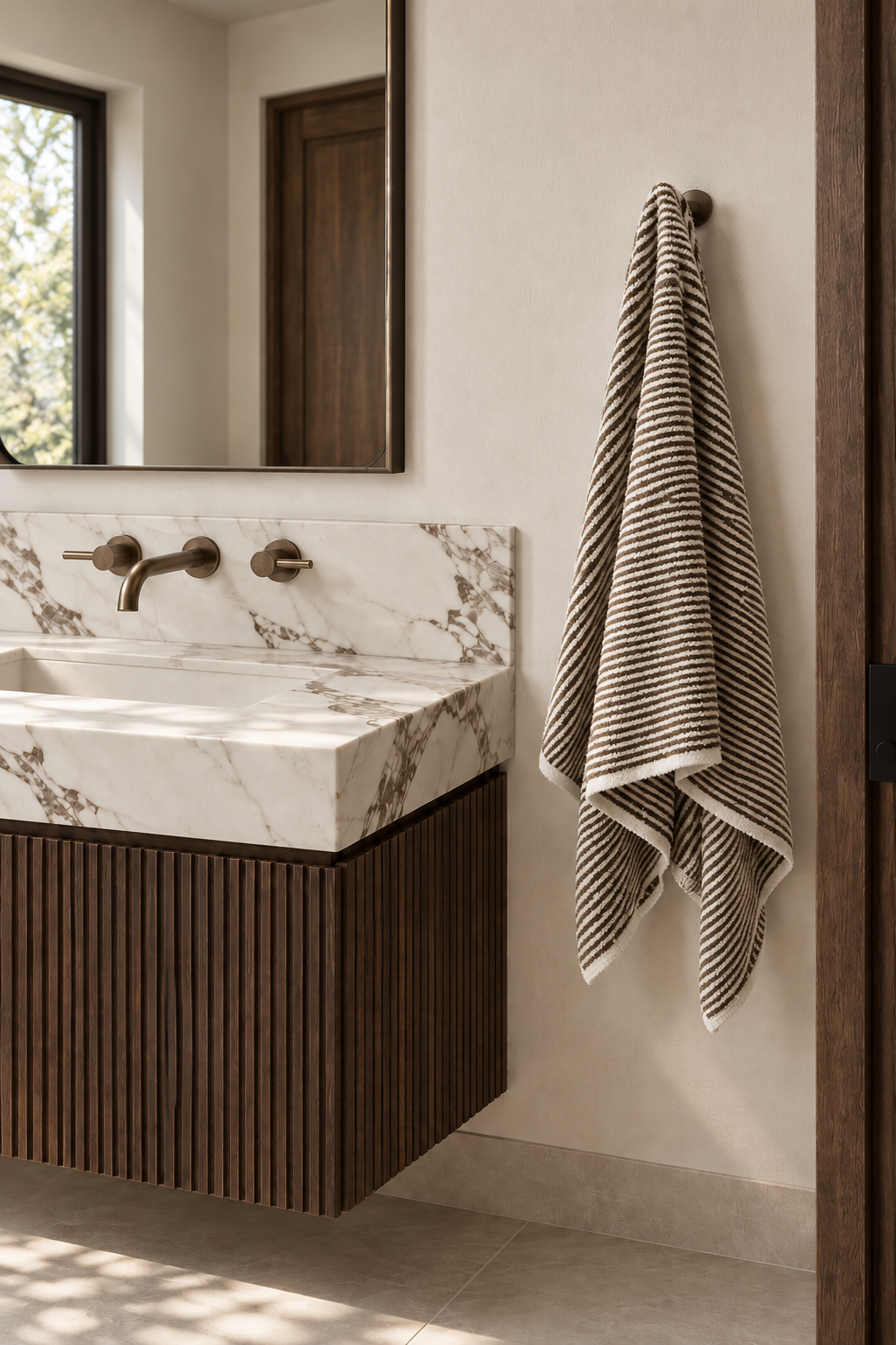 Smoked brown striped terry bath towel in a modern marble bathroom
