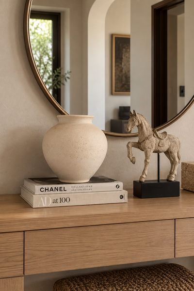 Mayenne Maison textured ivory ceramic vase styled on a light oak console