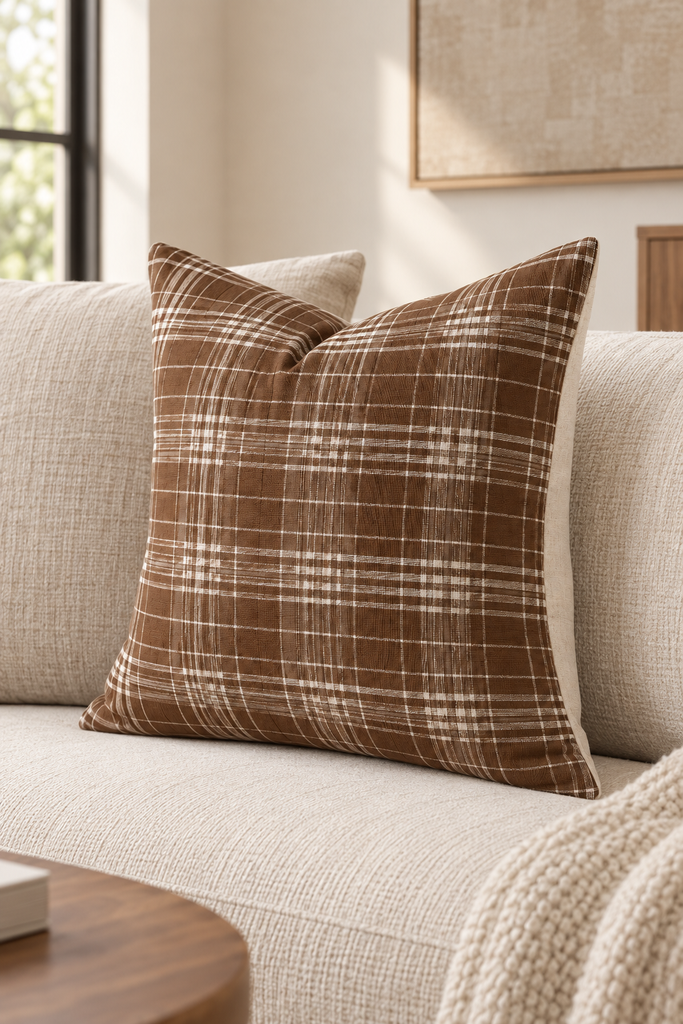 Mayenne Maison tobacco brown plaid decorative pillow 18 x 18